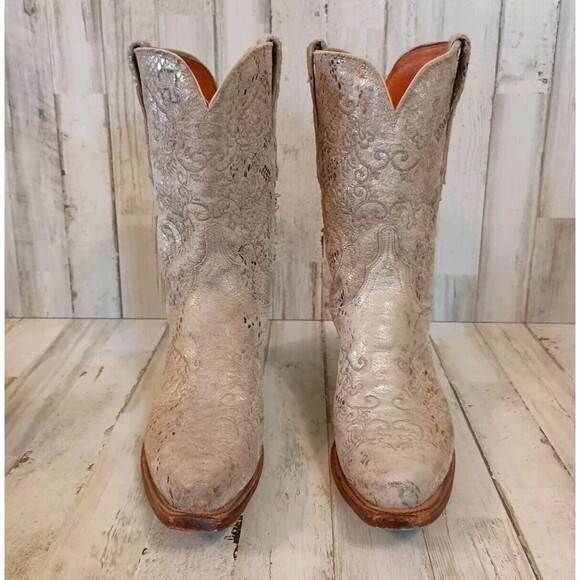 Lucchese Size 7 B Suede Gold Stone Python Print Boots Western Cowboy Snip Toe - Picture 2 of 16